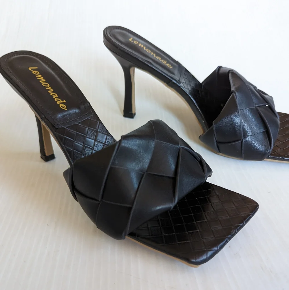 LEMONADE Turnitup black braided strap square toe stiletto heel sandals